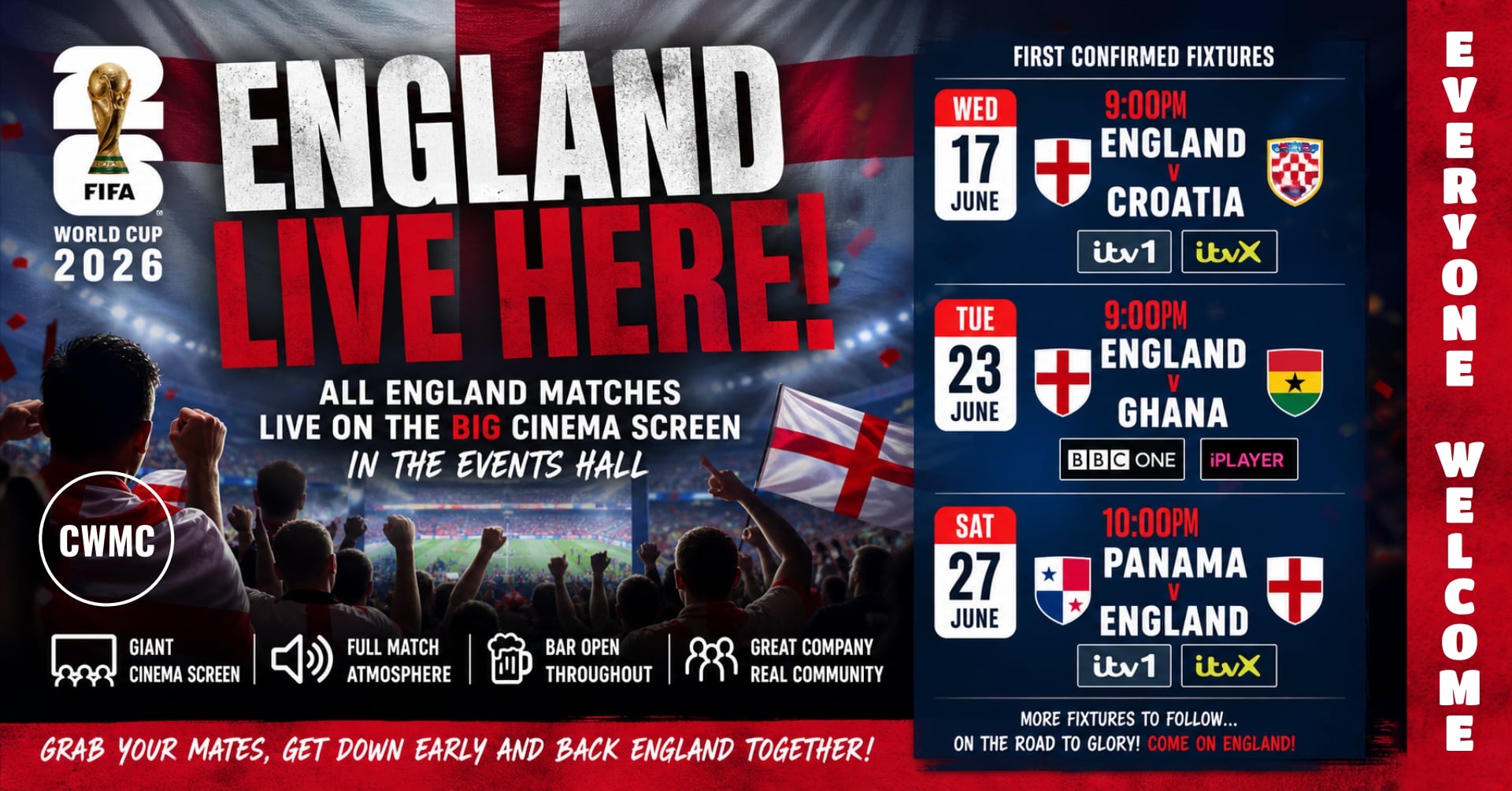 Watch all the live England matches in FIFA World Cup 2026 at Chatteris WMC