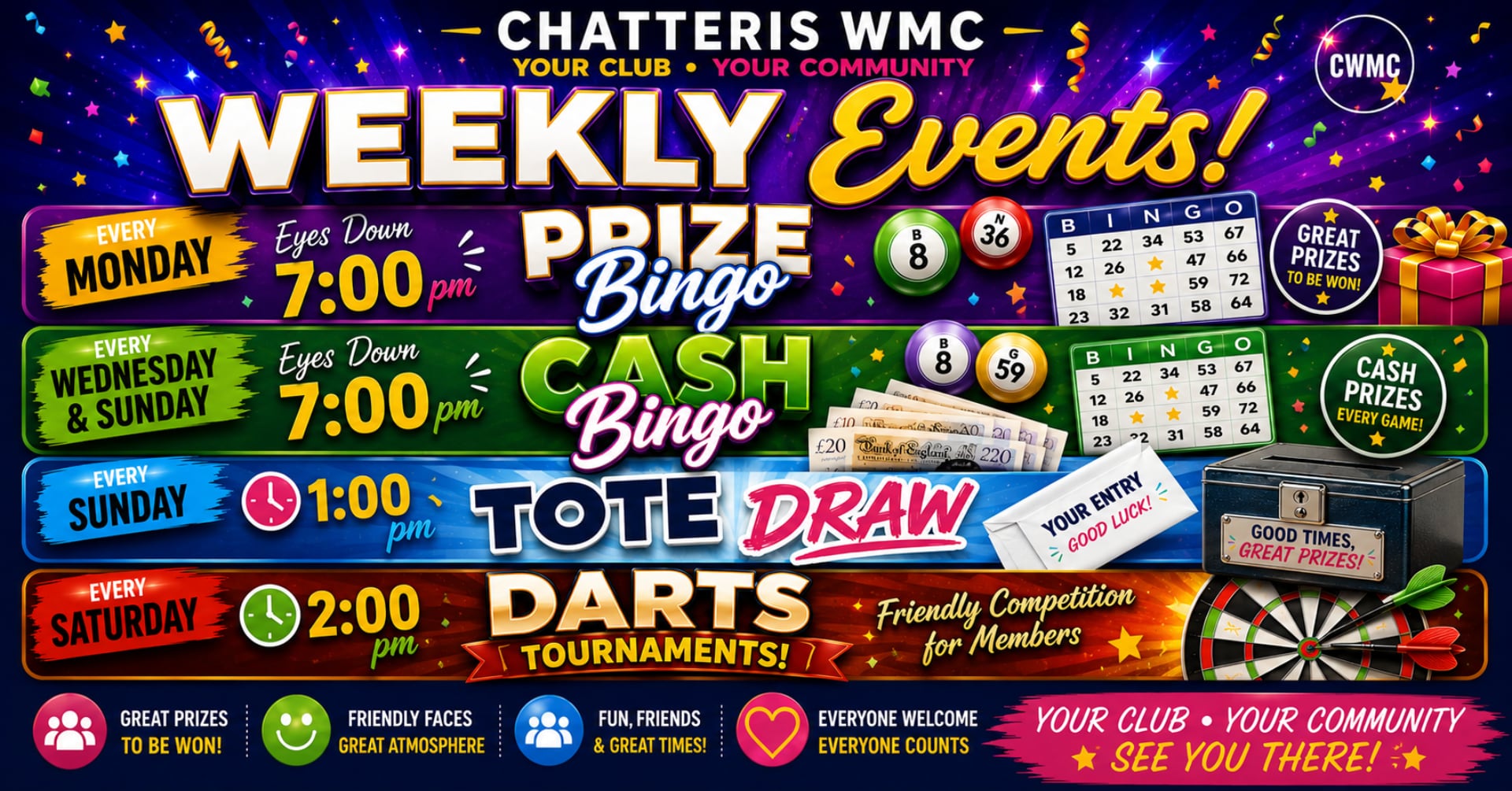 Weekly Events at Chatteris WMC –Bingo, Darts and the Tote