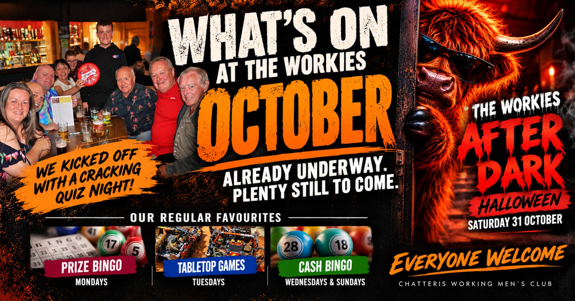 What’s On at the Workies in October, featuring Quiz Night, weekly bingo and tabletop games, and The Workies After Dark Halloween event.